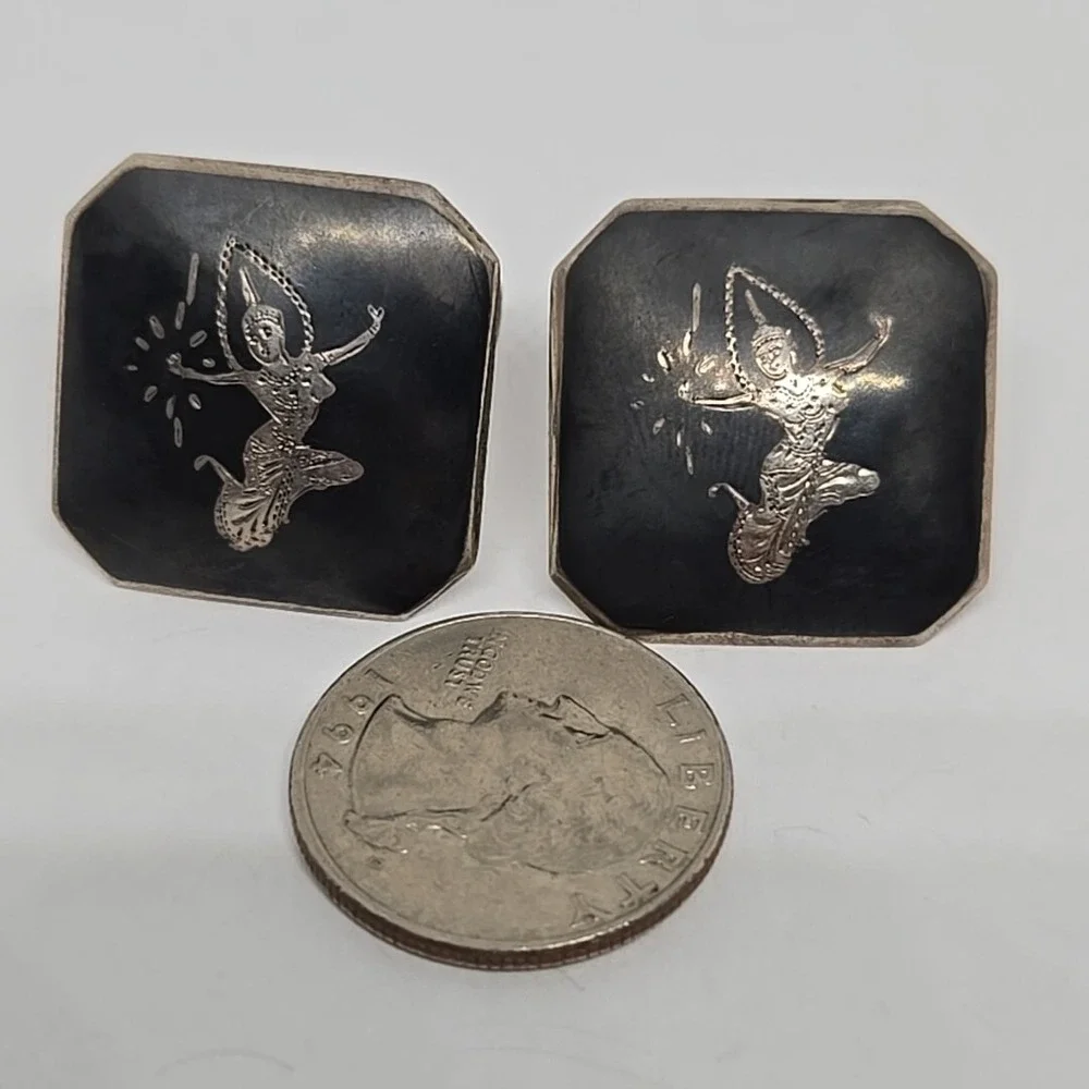 Vintage 925 Sterling Silver Siam Niello Cufflinks Black Enamel Goddess Dancer